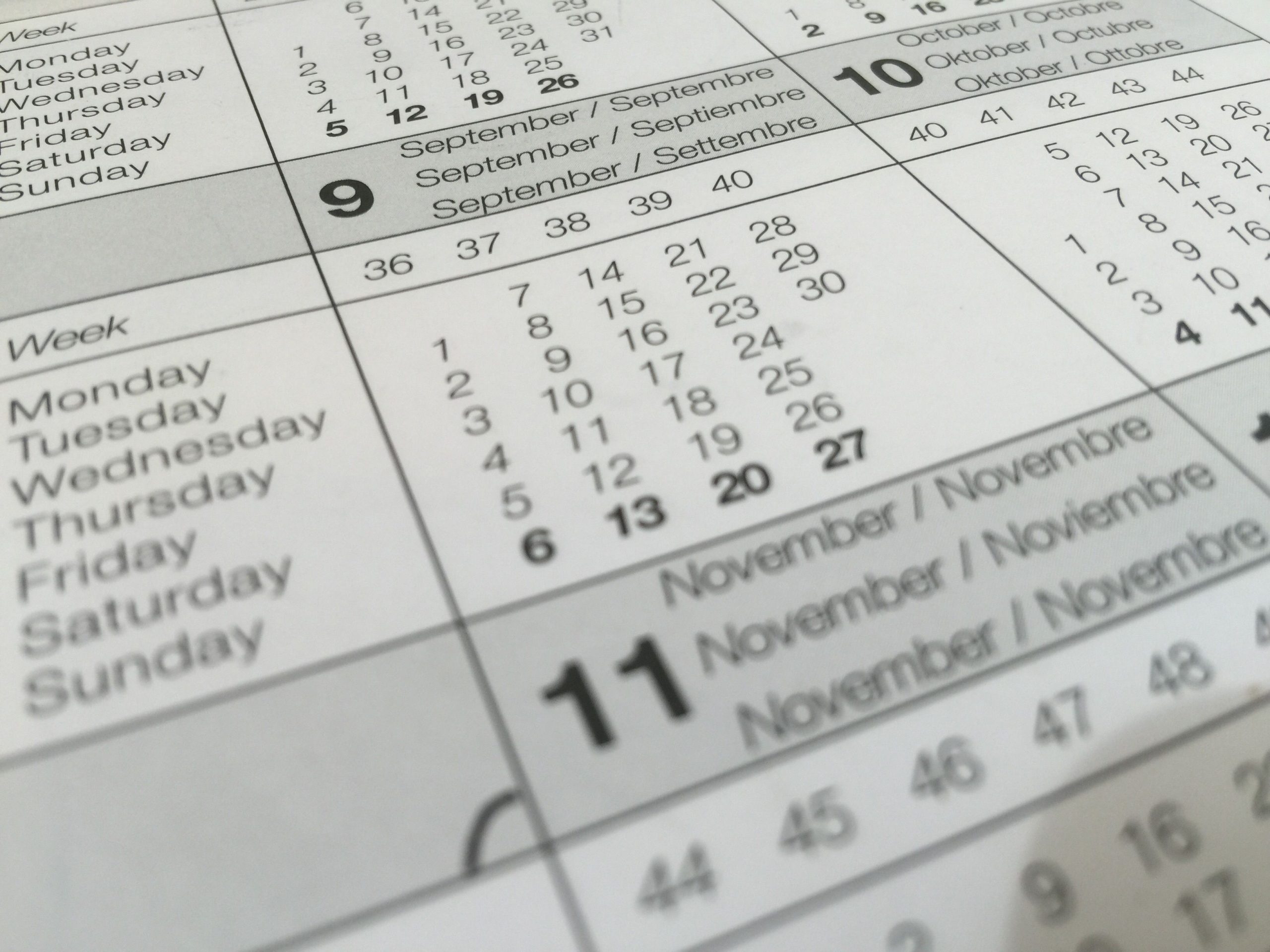 Calendrier détaillé affichant mois multilingues